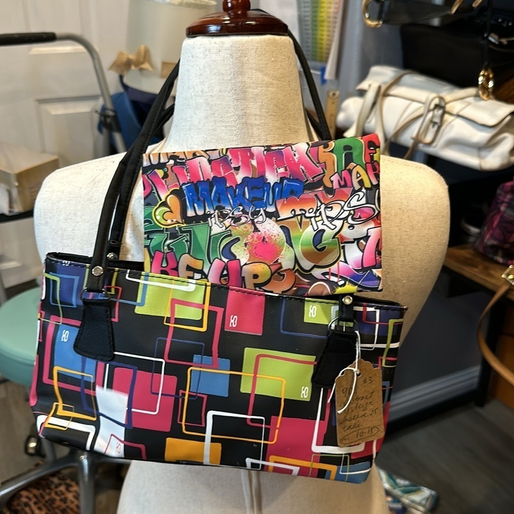 2 pc 90’s abstract sm blk shoulder bag w/ squares,white,orange,green,blue + Ipsy